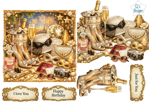 Luxury Celebration Glam Card Topper – Gold Heels, Mask, Champagne & Sparkling Accessories 