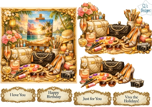 Luxury Tropical Art Studio Card Topper – Beach Painting, Glam Accessories & Gold Décor 