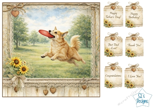 Playful Dog Card Front – Golden Dog with Frisbee, Sunflowers, Lace Frame & Sentiment Tags