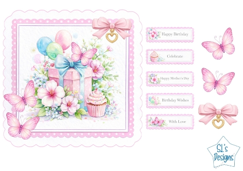 Pink Gift & Cupcake Card Front – Pastel Balloons, Flowers, Butterflies, Scalloped Frame & Sentiment Tags