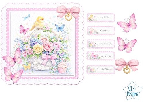 Floral Basket & Yellow Bird Card Front – Pastel Roses, Hydrangeas, Butterflies, Cupcake & Sentiment Tags