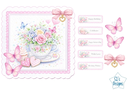 Floral Teacup Card Front – Roses, Cookies, Cupcake, Butterflies, Pink Scalloped Frame & Sentiment Tags