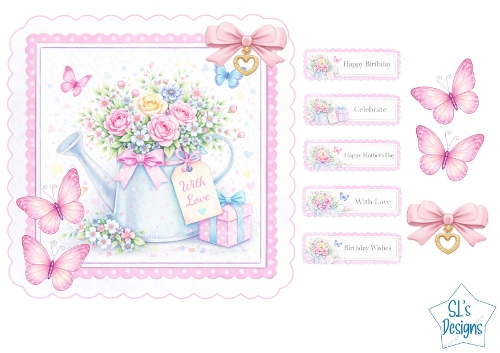 Floral Watering Can Card Front – Roses, Gift Box, Butterflies, Pink Scalloped Frame & Sentiment Tags