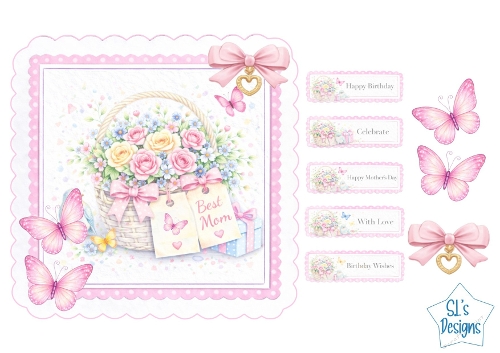 Floral Basket Best Mom Card Front – Pastel Roses, Butterflies, Pink Scalloped Frame & Sentiment Tags