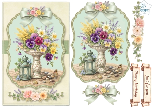 Vintage Floral Vase & Ribbon Birthday Card Topper