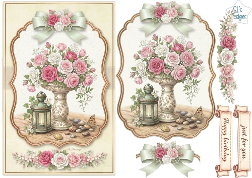 Vintage Rose Vase & Lantern Birthday Card Topper 