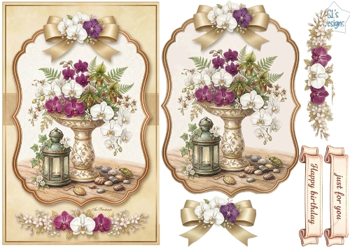 Vintage Orchid Vase & Lantern Birthday Card Topper 