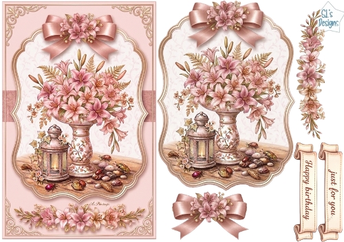 Vintage Pink Lily Vase & Lantern Birthday Card Topper