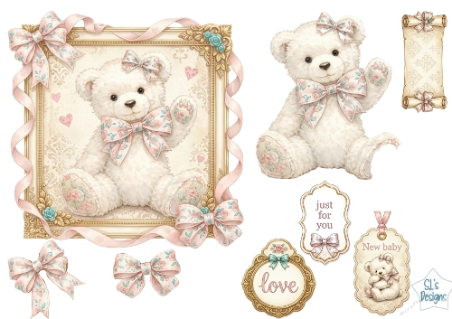 Vintage Teddy Bear & Floral Bows Card Topper