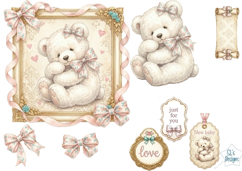 Vintage Teddy Bear & Pastel Floral Bows Card Topper