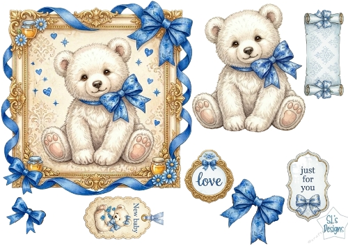 Vintage Teddy Bear & Blue Bow Card Topper