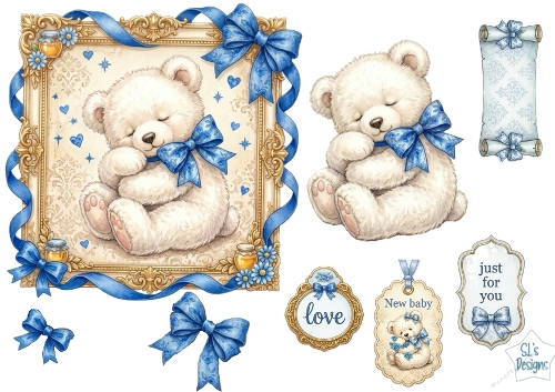 Vintage Teddy Bear & Blue Bow Card Topper 