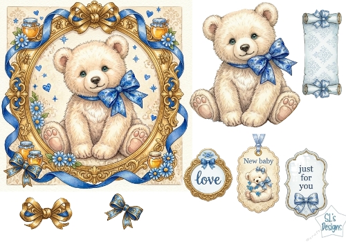 Vintage Teddy Bear & Blue Bow Card Topper 