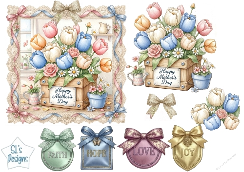 Pastel Floral Crate Mothers Day Topper with Lace, Ribbons & Sentiment Badges