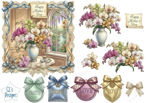 Elegant Orchid Mothers Day Topper with Window Scene, Lace Frame & Sentiment Badges