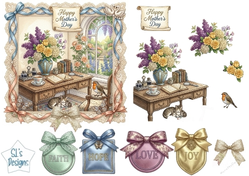 Vintage Writing Desk Mothers Day Topper with Cat, Robin, Florals & Sentiment Badges