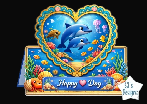 Underwater Heart Frame Dolphin Topper with Coral Reef & Happy Day Banner