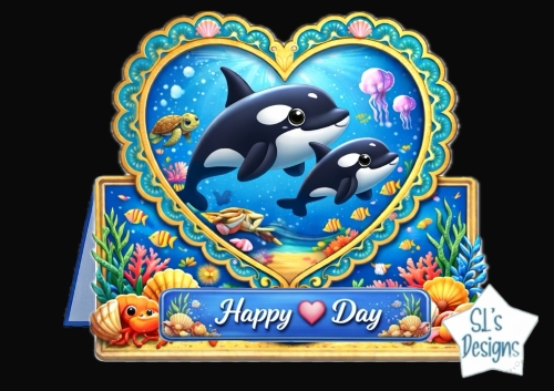 Cute Orca Heart Frame Topper with Coral Reef & Happy Day Banner