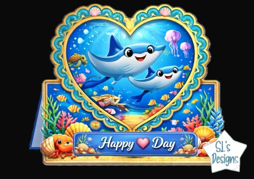 Cute Manta Ray Heart Frame Topper with Coral Reef & Happy Day Banner