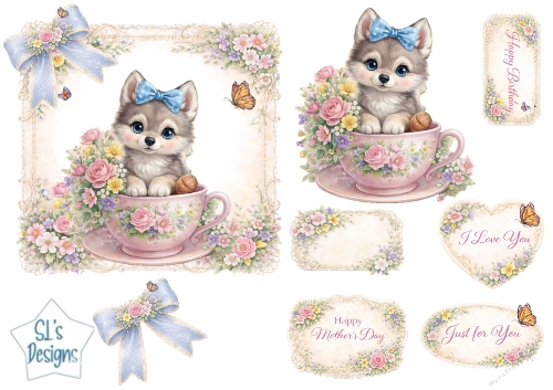 Cute Puppy in Floral Teacup Topper with Tags & Sentiments