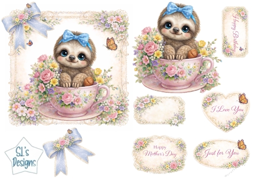 Cute Baby Sloth in Floral Teacup Topper with Tags & Sentiments