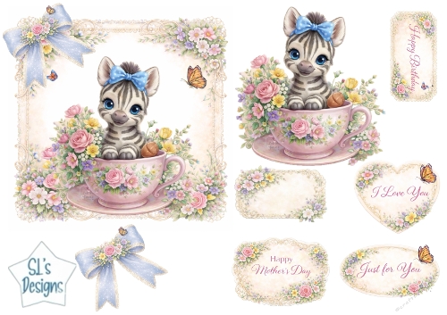 Cute Baby Zebra in Floral Teacup Topper with Tags & Sentiments