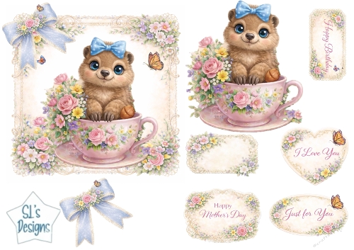 Cute Baby Bear in Floral Teacup Topper with Tags & Sentiments