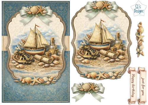 Vintage Nautical Ship Card Topper Set with Seashells, Compass & Maritime Embellishments