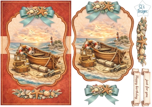Vintage Coastal Rowboat Card Topper with Lighthouse, Seashells & Nautical Embellishments