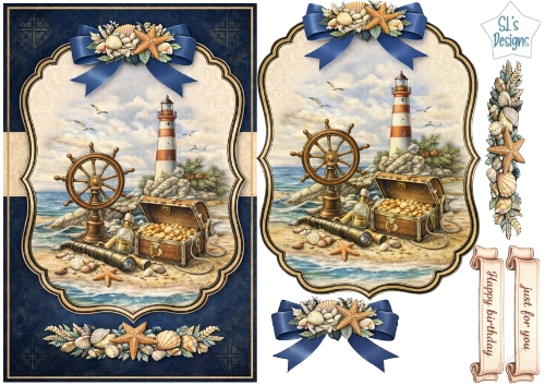 Nautical Lighthouse & Treasure Chest Card Topper with Seashell Ribbons and Maritime Embellishments