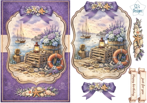 Seaside Sunset Sailboats Card Topper with Lantern Dock, Seashells and Floral Embellishments