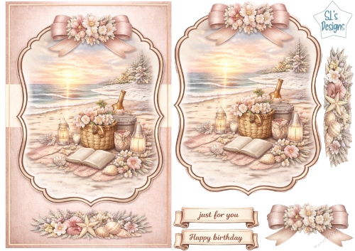 Romantic Sunset Beach Picnic Card Topper with Lanterns, Flowers and Seashell Embellishments