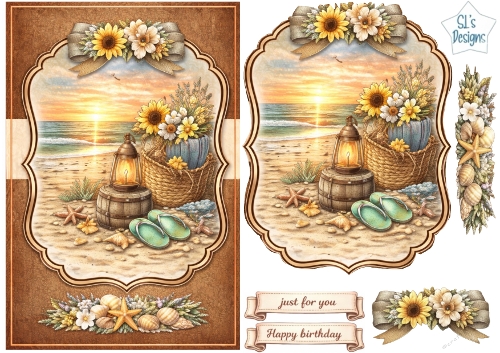 Sunset Beach Flowers Card Topper with Lantern Barrel, Flip-Flops and Seashell Embellishments