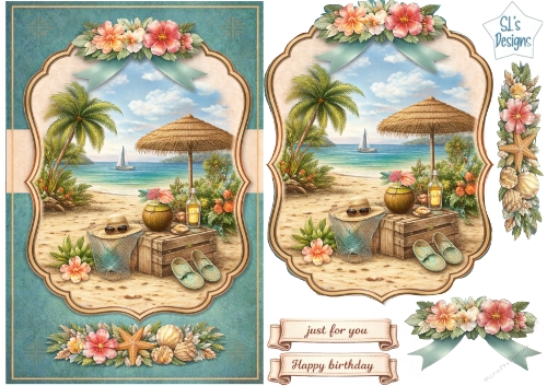 Tropical Beach Sailboat Card Topper with Palm Trees, Coconut Drink and Floral Embellishments