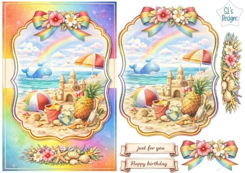 Rainbow Beach Sandcastle Card Topper with Whale, Umbrella and Summer Embellishments
