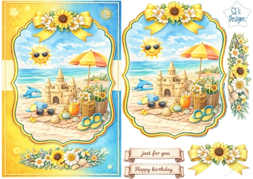 Sunny Beach Sandcastle Card Topper with Dolphin, Flowers and Summer Embellishments
