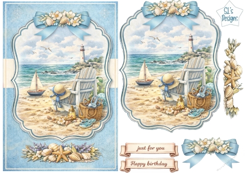Coastal Chair & Lighthouse Card Topper with Seashell Ribbons and Seaside Embellishments