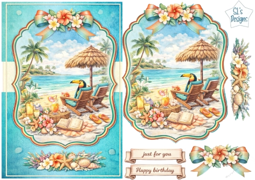 Tropical Toucan Beach Card Topper with Lounge Chairs, Flowers and Summer Embellishments