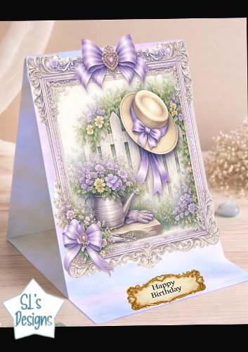 Lavender Garden Birthday Card Topper with Bows, Florals & Elegant Frame
