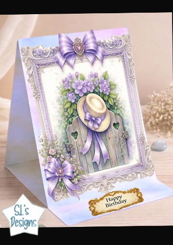 Lavender Garden Gate Birthday Card Topper with Bows & Vintage Florals 1