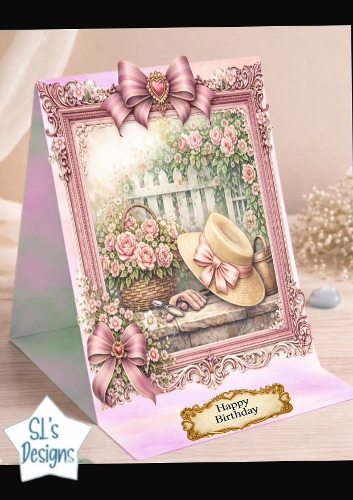 Vintage Pink Rose Garden Birthday Card Topper with Bows & Floral Frame