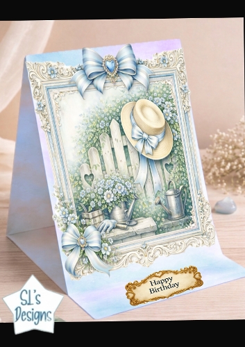 Blue Garden Gate Birthday Card Topper with Bows & Floral Frame