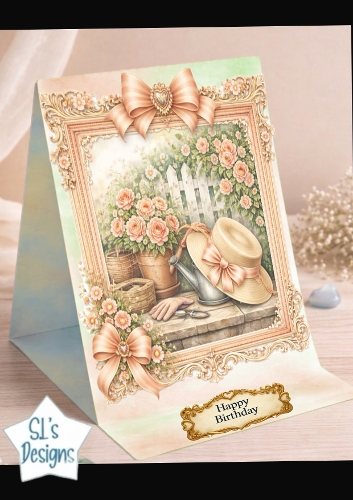 Peach Rose Garden Birthday Card Topper with Bows & Vintage Floral Frame
