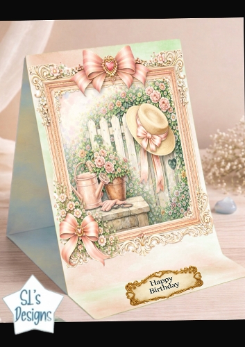 Pink Rose Garden Birthday Card Topper with Bows & Elegant Vintage Frame