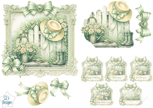 Green Garden Floral Card Topper Set with Bows, Mini Panels & Sentiment Tags
