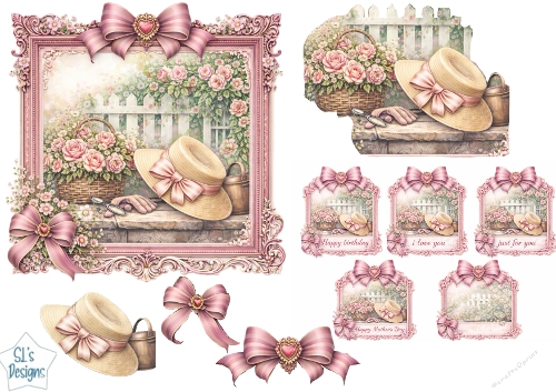 Pink Rose Garden Card Topper Set with Bows, Mini Panels & Sentiment Tags