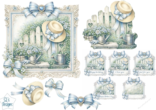 Blue Garden Floral Card Topper Set with Bows, Mini Panels & Sentiment Tags