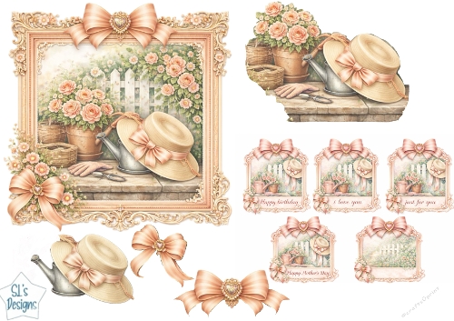 Peach Rose Garden Card Topper Set with Bows, Mini Panels & Sentiment Tags
