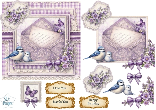 Lavender Vintage Lace Envelopes & Birds Card Topper Set with Florals & Sentiments