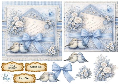 Pastel Blue Vintage Envelope & Roses Card Topper with Lovebirds, Bow and Sentiments 1